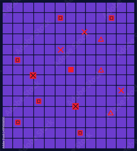 Pixelated grid analysis display. Forensic data visualization with highlighted points. Mint logic interface. Modern digital forensic concept.