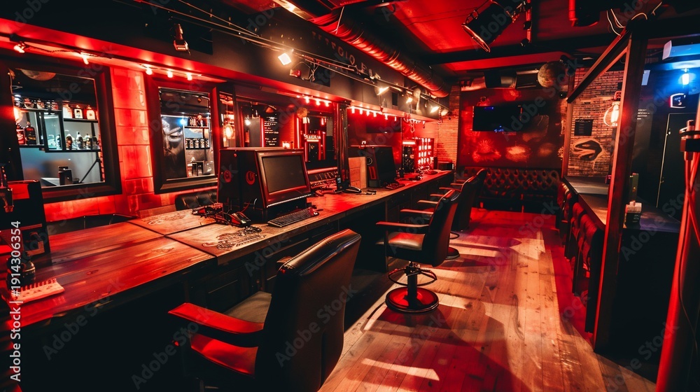 Fototapeta premium Interior view of a dimly lit bar with seating, a long counter, and ambient red lighting