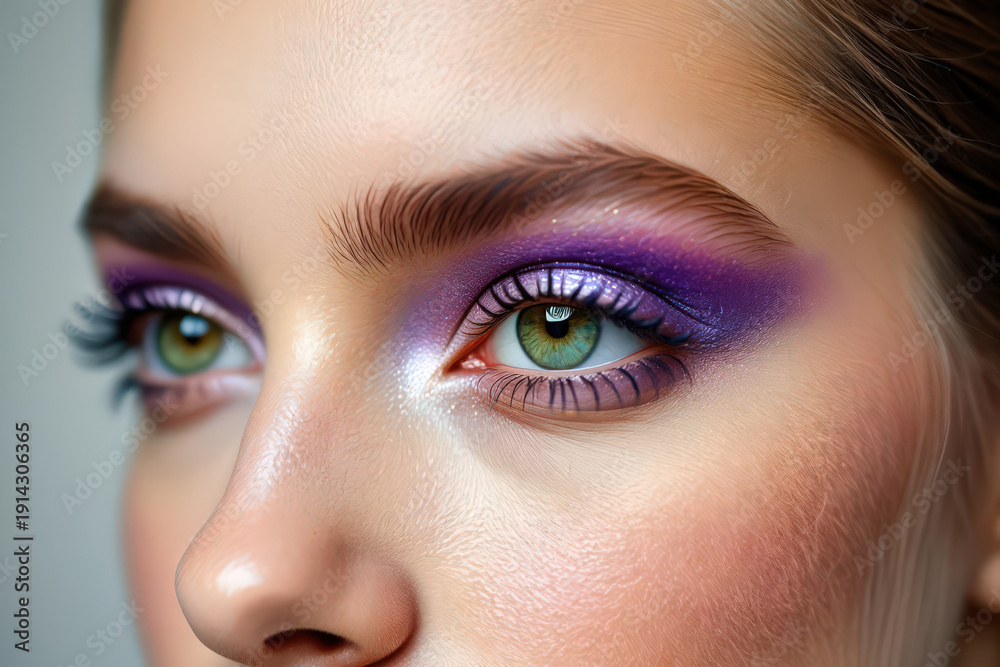 Obraz premium Elegant Woman with Green Eyes and Purple Eye Shadow, Showcasing a Sophisticated Makeup Look with a Focus on Color and Definition in a Studio Setting