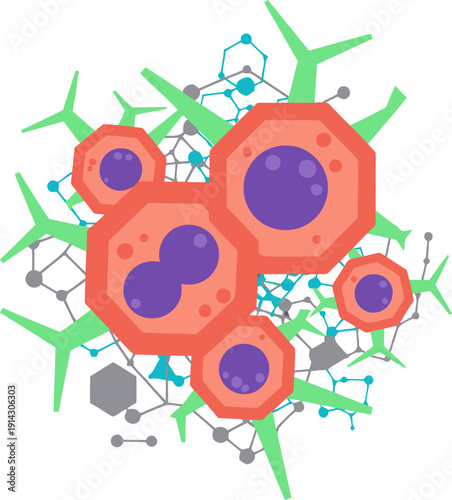 Vibrant stem cell illustration with interconnected networks. Modern design, showcasing Regen Med?s innovative approach to cell therapy. Bold colors and clean lines.