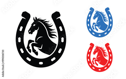Horse horseshoe silhouette illustration, powerful black rearing horse inside classic horseshoe symbolizing luck, equestrian strength, freedom, western heritage, and bold emblem design concept