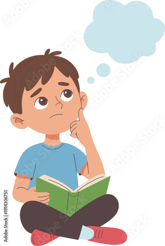 Cartoon vector illustration of a young boy sitting on the floor reading a book with an empty thought bubble for creative thinking.