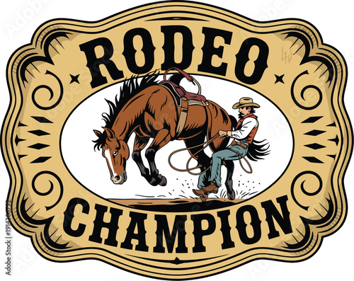 Rodeo champion belt buckle illustration, gold western engraved trophy design for cowboy awards, country branding apparel graphics, and classic rodeo sports identity.