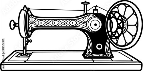 A detailed, black and white line drawing of an antique sewing machine is centered in the image. The machine is presented in a three-quarter view, showcasing its intricate mechanical parts. The main bo