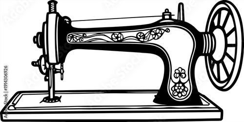 A detailed, black and white line drawing of an antique sewing machine is centered in the image. The machine is presented in a three-quarter view, showcasing its intricate mechanical parts. The main bo