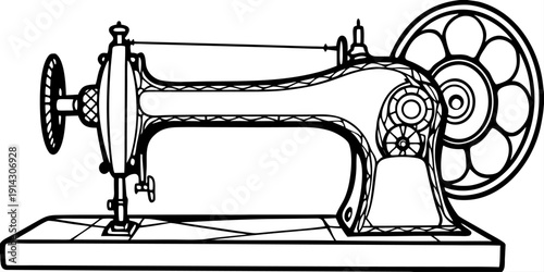 A detailed, black and white line drawing of an antique sewing machine is centered in the image. The machine is presented in a three-quarter view, showcasing its intricate mechanical parts. The main bo