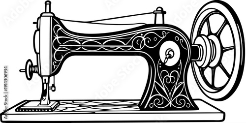 A detailed, black and white line drawing of an antique sewing machine is centered in the image. The machine is presented in a three-quarter view, showcasing its intricate mechanical parts. The main bo