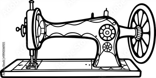 A detailed, black and white line drawing of an antique sewing machine is centered in the image. The machine is presented in a three-quarter view, showcasing its intricate mechanical parts. The main bo