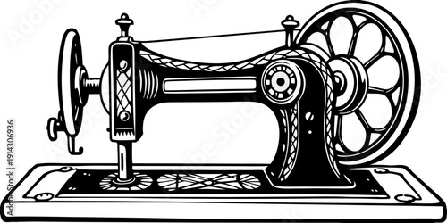 A detailed, black and white line drawing of an antique sewing machine is centered in the image. The machine is presented in a three-quarter view, showcasing its intricate mechanical parts. The main bo