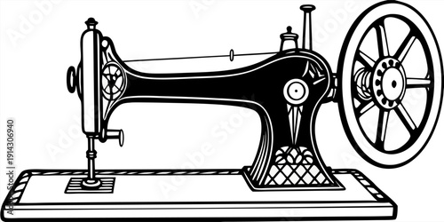A detailed, black and white line drawing of an antique sewing machine is centered in the image. The machine is presented in a three-quarter view, showcasing its intricate mechanical parts. The main bo