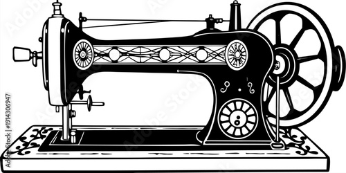 A detailed, black and white line drawing of an antique sewing machine is centered in the image. The machine is presented in a three-quarter view, showcasing its intricate mechanical parts. The main bo