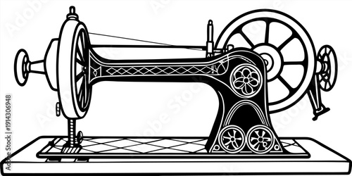 A detailed, black and white line drawing of an antique sewing machine is centered in the image. The machine is presented in a three-quarter view, showcasing its intricate mechanical parts. The main bo