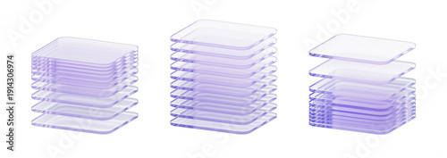 3D stacks of glass square sheets, purple transparent layers effect. Cut cube and rectangle shapes set. Futuristic tech block, data server. Architecture design, infographic elements