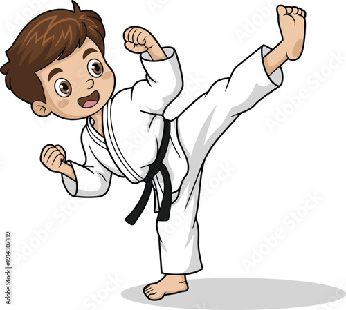 Cartoon vector illustration of a young boy practicing karate in a white uniform and black belt performing a high kick pose