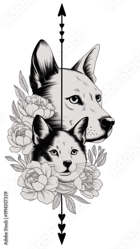 Detailed dog head illustration with flowers isolated on transparent background.