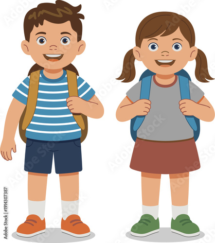 Cartoon vector illustration of a happy young boy and girl students with backpacks standing and smiling for back to school education concept.