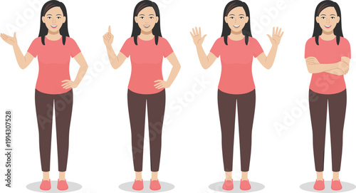 Cartoon flat vector illustration of a happy woman in a pink t-shirt and brown leggings in four different presentation and gesturing poses.