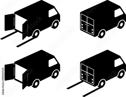 Isometric Black and White Delivery Van Icons Set