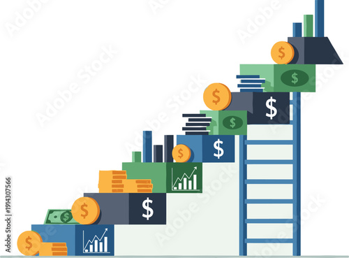 Financial growth staircase infographic with coins, dollar signs, and ladder, investment progress concept, flat vector illustration for business design