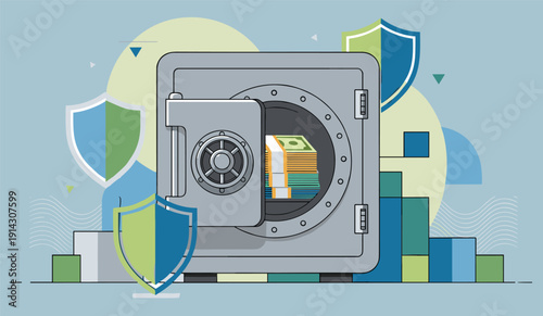 Financial security safe with money stacks and shield icons, protection concept, flat vector illustration for banking, finance, and data design