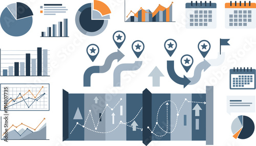 Business analytics infographic with charts, milestones, and calendar icons, project planning concept, flat vector illustration for management design