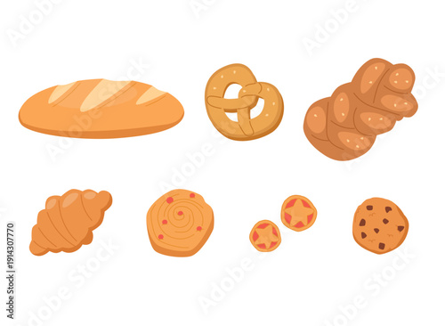 Bakery food handdrawn illustrations set. Bread loaf, baguette, French croissant, brioche bun, cookies, pretzel with seed