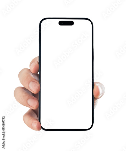 Hand holding smartphone with transparent PNG screen and isolated background, mobile mockup and application presentation concept