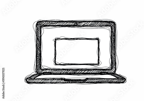Hand-drawn sketch illustration of an open laptop computer with a blank screen, presented in a simple, minimalist style perfect for digital and tech concepts