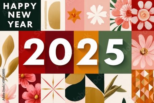 Vibrant 2025 celebration with bold typography over a colorful floral and fruit collage artwork