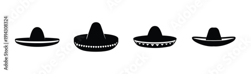 Four variations of a simple line drawing of a sombrero Vector, illustration