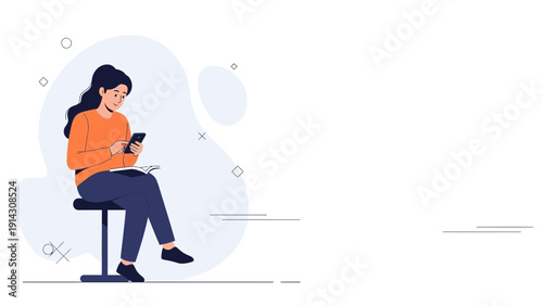 Woman Using Smartphone Sitting on Chair, Modern Flat Illustration