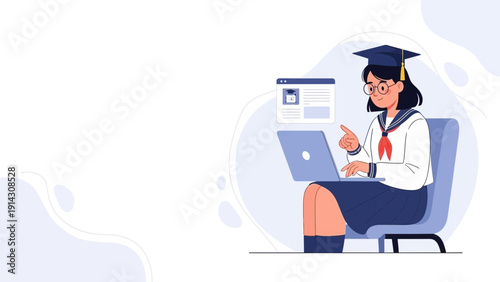 Student in graduation cap studying online on laptop, e-learning concept