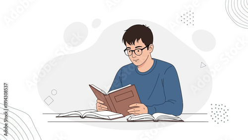 Young man reading book, studying, learning, knowledge, education concept, flat design illustration