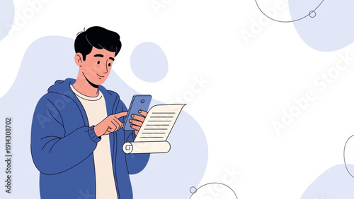 Young man using smartphone and holding paper document, modern illustration
