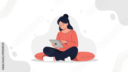 Young woman using a tablet computer while sitting cross-legged on a cushion