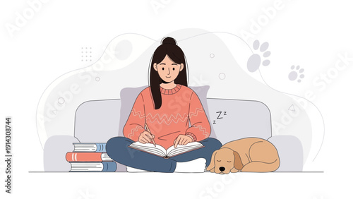 Young woman studying on sofa with dog, reading book, learning, cozy home environment