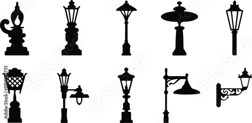 Vintage Street Lamp Icon Set Classical Ornate Vector Antique Lamppost Collection Elegant Retro Icon Pack