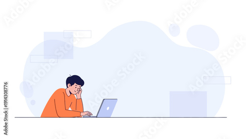 Young Man Working on Laptop with Abstract Background