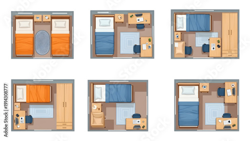Twin Beds Room Arrangements Top View Architectural Vector Bundle for Interior Layouts