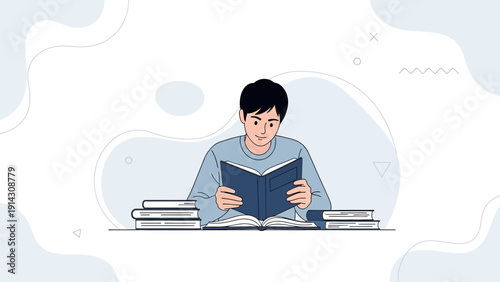 Young man reading a book with stack of books, studying, learning, knowledge concept