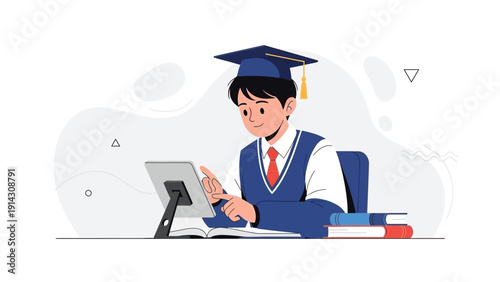 Student in Graduation Cap Using Tablet, Studying Online, Education Concept