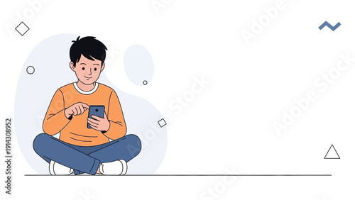 Young Boy Sitting Cross-legged Using Smartphone, Digital Device Communication