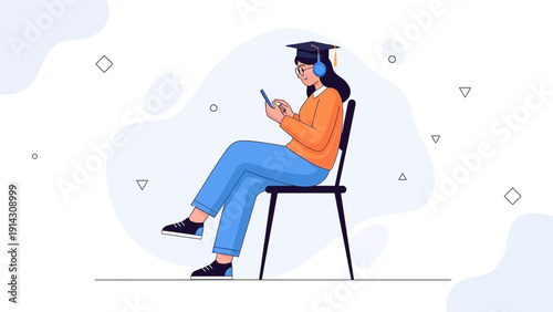 Student with Headphones and Smartphone Studying Online, Graduation Cap