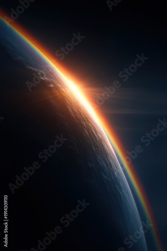 Rainbow arc over the planet at sunrise, glowing edge of Earth, cosmic beauty and hope
