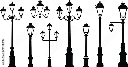 Vintage Street Lamp Icon Set Classical Ornate Vector Antique Lamppost Collection Elegant Retro Icon Pack