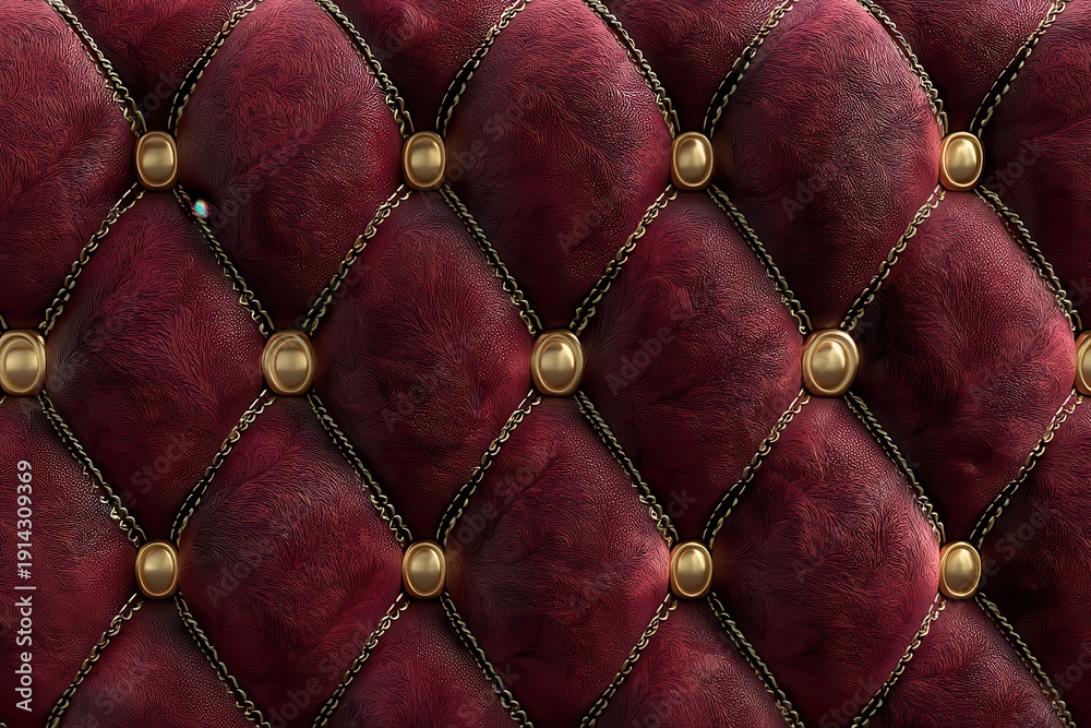 Fototapeta premium Luxurious red quilted velvet with gold chain trim and diamond pattern upholstery for elegant interiors