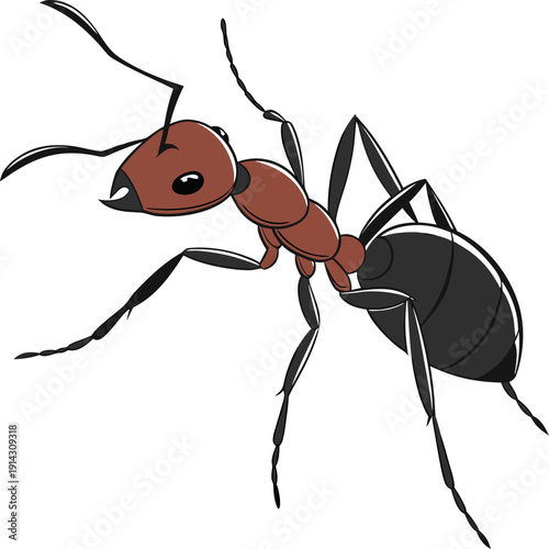 A detailed, photorealistic image of a single ant is displayed against a pure white background. The ant is depicted in sharp focus, showcasing its intricate exoskeleton details. It is positioned at a s
