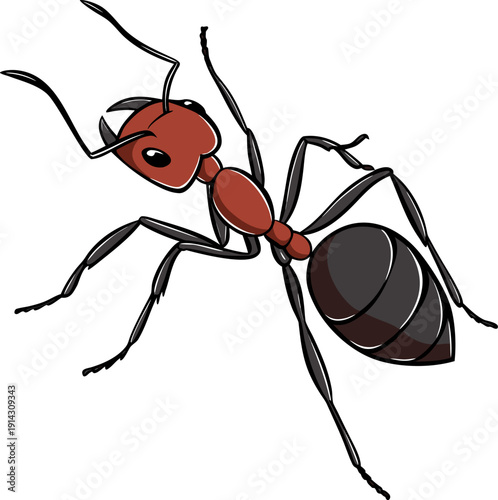 A detailed, photorealistic image of a single ant is displayed against a pure white background. The ant is depicted in sharp focus, showcasing its intricate exoskeleton details. It is positioned at a s