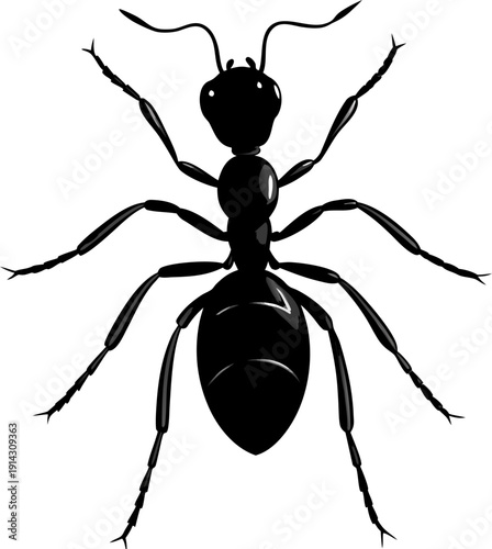A detailed, photorealistic image of a single ant is displayed against a pure white background. The ant is depicted in sharp focus, showcasing its intricate exoskeleton details. It is positioned at a s