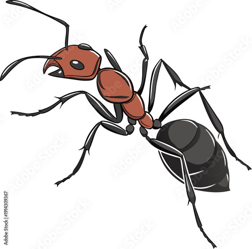 A detailed, photorealistic image of a single ant is displayed against a pure white background. The ant is depicted in sharp focus, showcasing its intricate exoskeleton details. It is positioned at a s